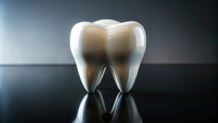 A pristine white tooth model reflects on a dark surface, symbolizing oral hygiene and dental health