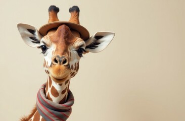 Funny giraffe in clothes, wearing a hat on a monochrome light background. Modern design. Sale, advertising, discounts, special offers. Business concept. Creative fashion banner, copy the space.