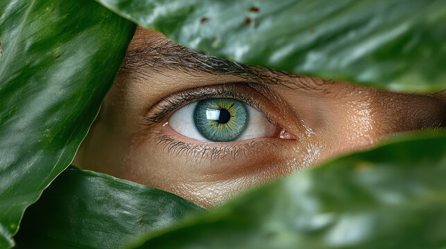 close up of human eye peeking through green leaves, showcasing nature beauty