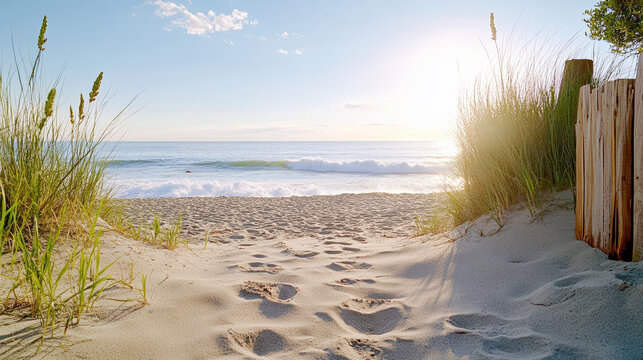 serene beach scene with footprints in sand leading to ocean