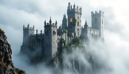 Fototapeta premium Majestic Stone Castle Enveloped In Fog Misty Mountaintop Scene