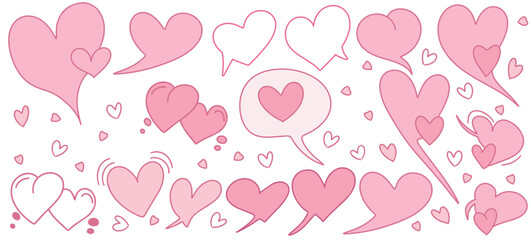 Set of heart shaped message icons in doodle style. Speech bubbles with pink heart. Social media or notification concept. Heart shaped speech bubbles design for website, site, banner, poster, greeting 