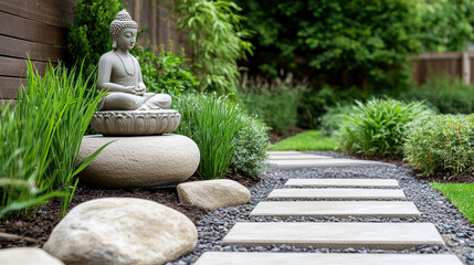 Fototapeta premium serene garden featuring Buddha statue surrounded by lush greenery