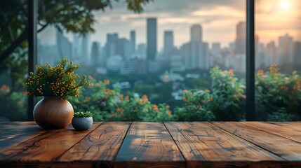 Wooden table sunrise over the city
