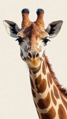 Fototapeta premium Funny giraffe in clothes, wearing a hat on a monochrome light background. Modern design. Sale, advertising, discounts, special offers. Business concept. Creative fashion banner, copy the space.