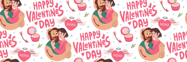 Happy Valentine's Day seamless pattern. Loving Couple hugging and Groovy lettering. Pink romantic Background. Engagement ring with diamond in pink box. For packaging, wallpaper. Vector illustration.