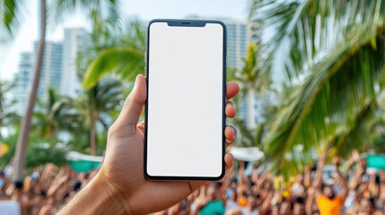 blank mobile phone held in hand at vibrant festival with palm trees