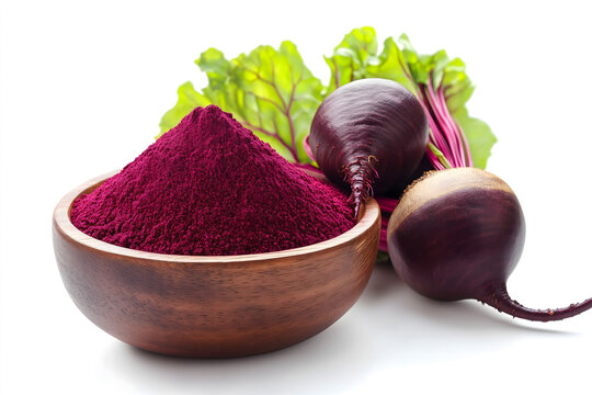 Beetroot Powder in Wooden Bowl with Fresh Beetroots and Leaves. Fresh beetroot powder in a wooden bowl accompanied by whole beetroots and vibrant green leaves, symbolizing health and nutrition.