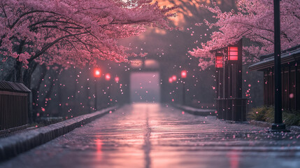 Cherry Blossom Showers in a Rain-Kissed Traditional Street
