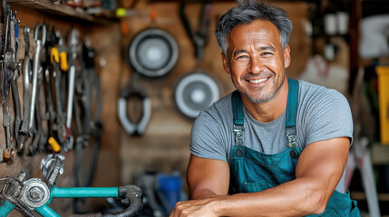 man smiling while fixing bicycle in garage workshop