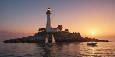 A small sailboat in front of a picturesque lighthouse at dusk with the warm glow, clouds, calmness