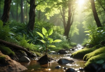 Naklejka premium A small sapling plant growing in a lush green forest with sunlight peeking through the leaves and a gentle stream flowing in the background, sapling, ecosystem, sunlight