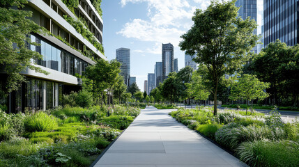 vibrant urban ecosystem featuring green rooftops, parks, and modern buildings