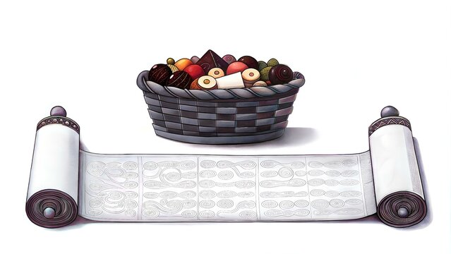 Basket of mishloach manot filled with sweets and fruits alongside a decorative scroll on a white background