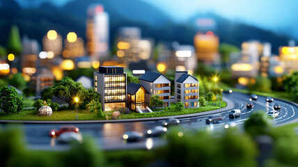 Night cityscape miniature model with illuminated buildings, lush green spaces, and smoothly flowing roads filled with tiny cars. The scene evokes a sense of tranquility and modern urban planning.
