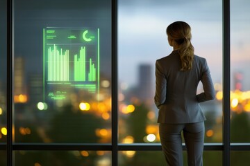 Businesswoman reviewing financial data projected on a smart window overlooking a city at night.