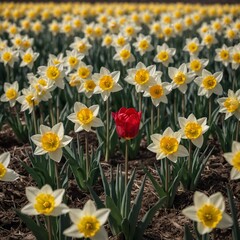 A single red tulip in a field of yellow and white daffodils.