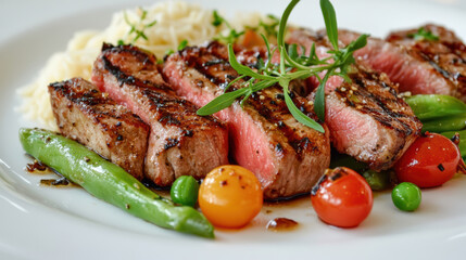 Delicious grilled steak with vegetables and pasta, perfect for healthy meal