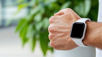 close up of hand adjusting fitness tracker on wrist, showcasing technology and health
