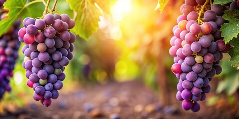 Sunlit Clusters of Ripe Purple Grapes Hanging on the Vine in a Vineyard