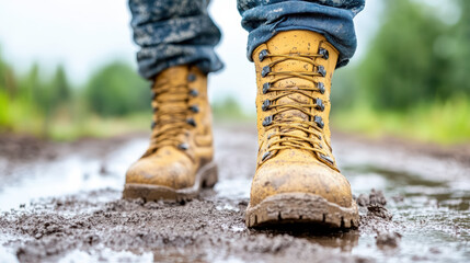 Obraz premium close up of muddy boots walking on wet path, symbolizing resilience and adventure