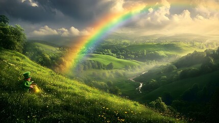 a bright rainbow, at the end of which stands an Irish pot of gold with Irish leprechaun