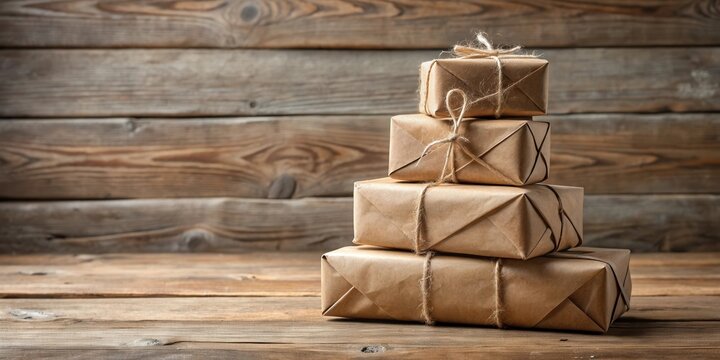 Stack of Rustic Brown Paper Packages Tied with Twine on Wooden Surface