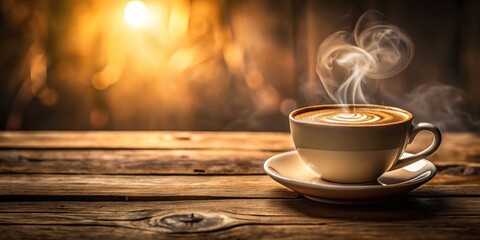 Obraz premium Aromatic Steaming Cup of Latte Art Coffee on Rustic Wooden Table at Sunset