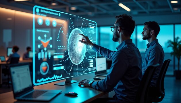 Futuristic collaboration interface with holographic whiteboard and touch interactions in a modern office