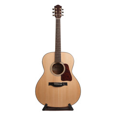 Obraz premium Classic acoustic guitar on black stand with natural wood finish and intricate design. isolated on transparent background cutout