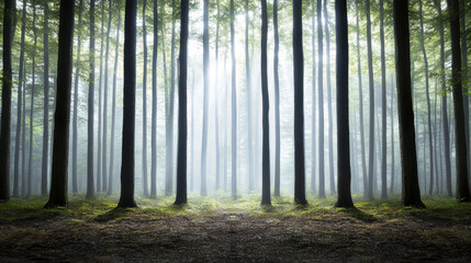 Dimly lit forest with tall trees and fog creating mystical atmosphere