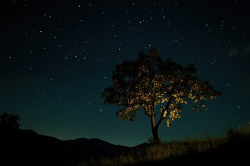Night sky filled with stars above a solitary illuminated tree on a hillside