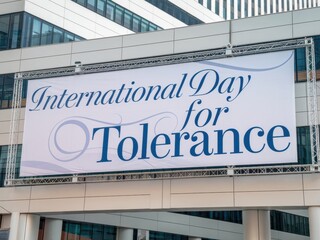 Banner reading "International Day for Tolerance" on a building's facade