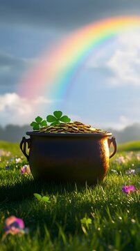 A pot of gold stands on a grassy hill in front of a bright rainbow. Concept for luck and wealth on St. Patrick's Day.
