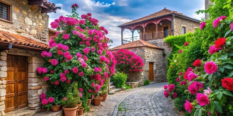 Naklejka premium A majestic rose bush with vibrant pink flowers and lush green foliage against a backdrop of ancient stone buildings in Nessebar's cobblestone streets, beauty, roses