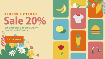 A vibrant spring sale promotion banner featuring fresh floral elements, bright pastel colors, and elegant template. Perfect for advertising seasonal discounts, special offers, and spring holiday sale.