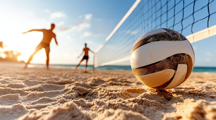 dynamic beach volleyball match at sunset with players in action
