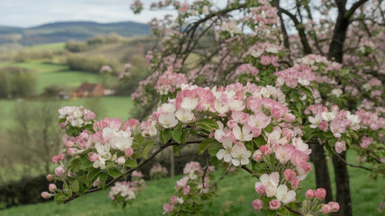 Obraz premium Blooming Apple Blossoms in a Countryside Landscape with Springtime Flowers and Scenic Green Fields