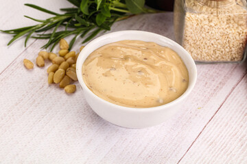 Delicious walnut creamy sauce in the bowl