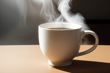 Fototapeta premium Close-up of a steaming cup of coffee on a table