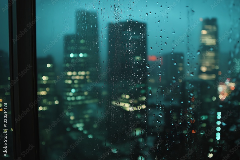 Poster raindrops on a window with city lights blurred in the background --ar 3:2 --style raw --v 6.1 job id