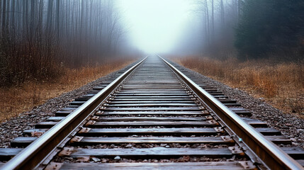 Fototapeta premium forsaken railway track disappearing into fog creates mysterious atmosphere