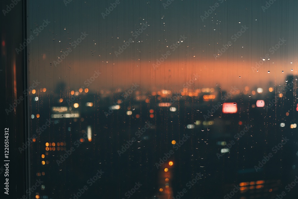 Poster raindrops on a window with city lights blurred in the background