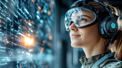 Futuristic soldier observing digital data with advanced headset technology