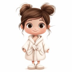 A cute cartoon character in a cozy bathrobe and slippers on a white background