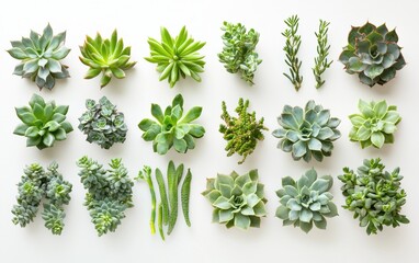 Obraz premium A collection of green succulents arranged dynamically on a plain white background.