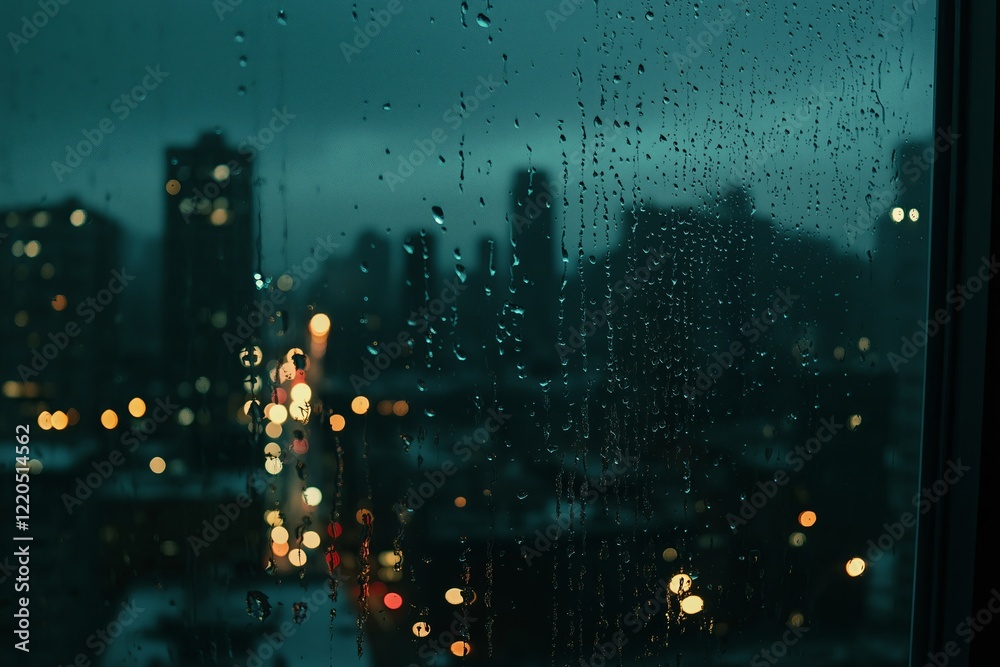 Poster raindrops on a window with city lights blurred in the background