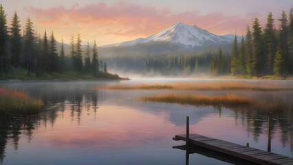 Fototapeta premium Whispers of Dawn: A Serene Mountain Lake at Sunrise