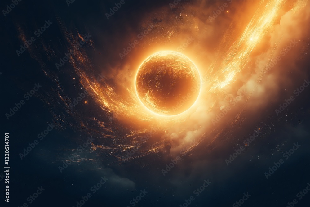 Poster Planets orbiting a glowing sun in a surreal outer space composition