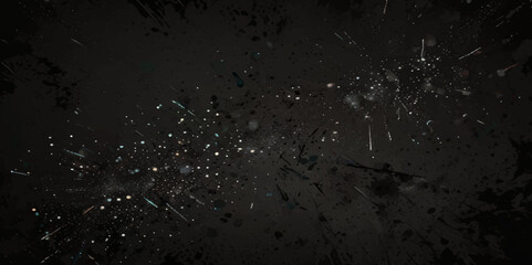 Abstract black distressed concrete wall white particles over isolated black background.
